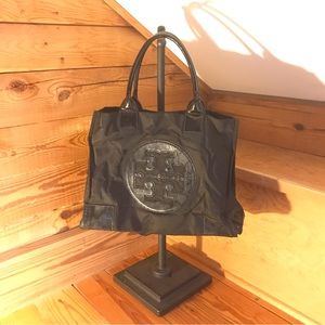 Tory Burch Ella Black Leather Nylon Tote Bag, EUC, 16.5”